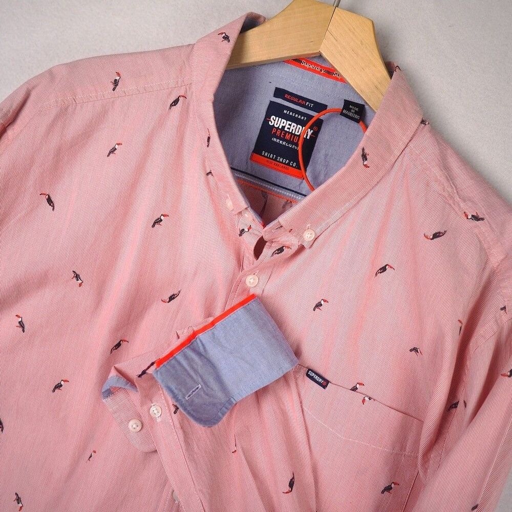 Superdry Premium Shirt Shop Co Pink Toucan Bird Print Button Up Mens 3XL Stripe